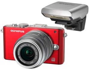 Olympus, Fotoaparát Fotoaparát Olympus PEN E-PL3 red +14-42mm silver + externí blesk FL-LM1