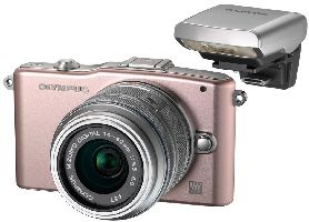 Olympus, Digitální foťák bezzrcadlovka Olympus PEN E-PM1 silver/pink + 14-42mm silver + externí blesk FL-LM1